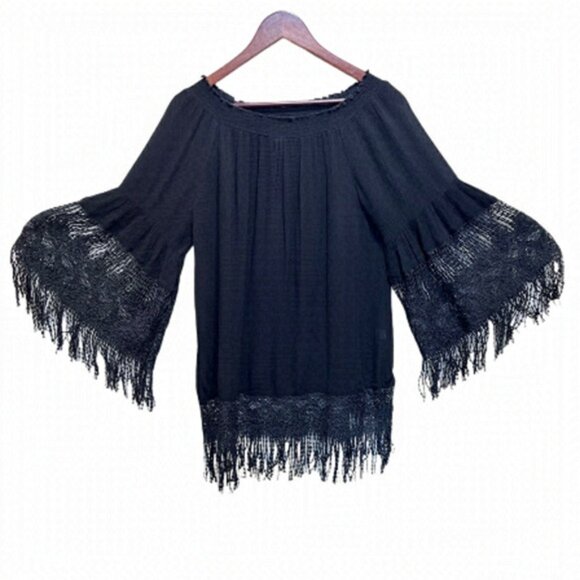 Bellissima Black Lightweight Fringe Crochet Blouse Size Small - Picture 1 of 11